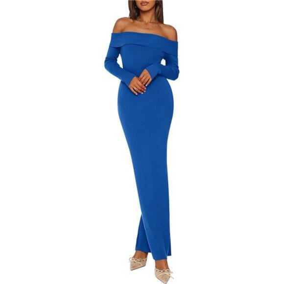 Women's Sweater Dress Long Sleeve Off Shoulder Blue - Picture 1 of 6